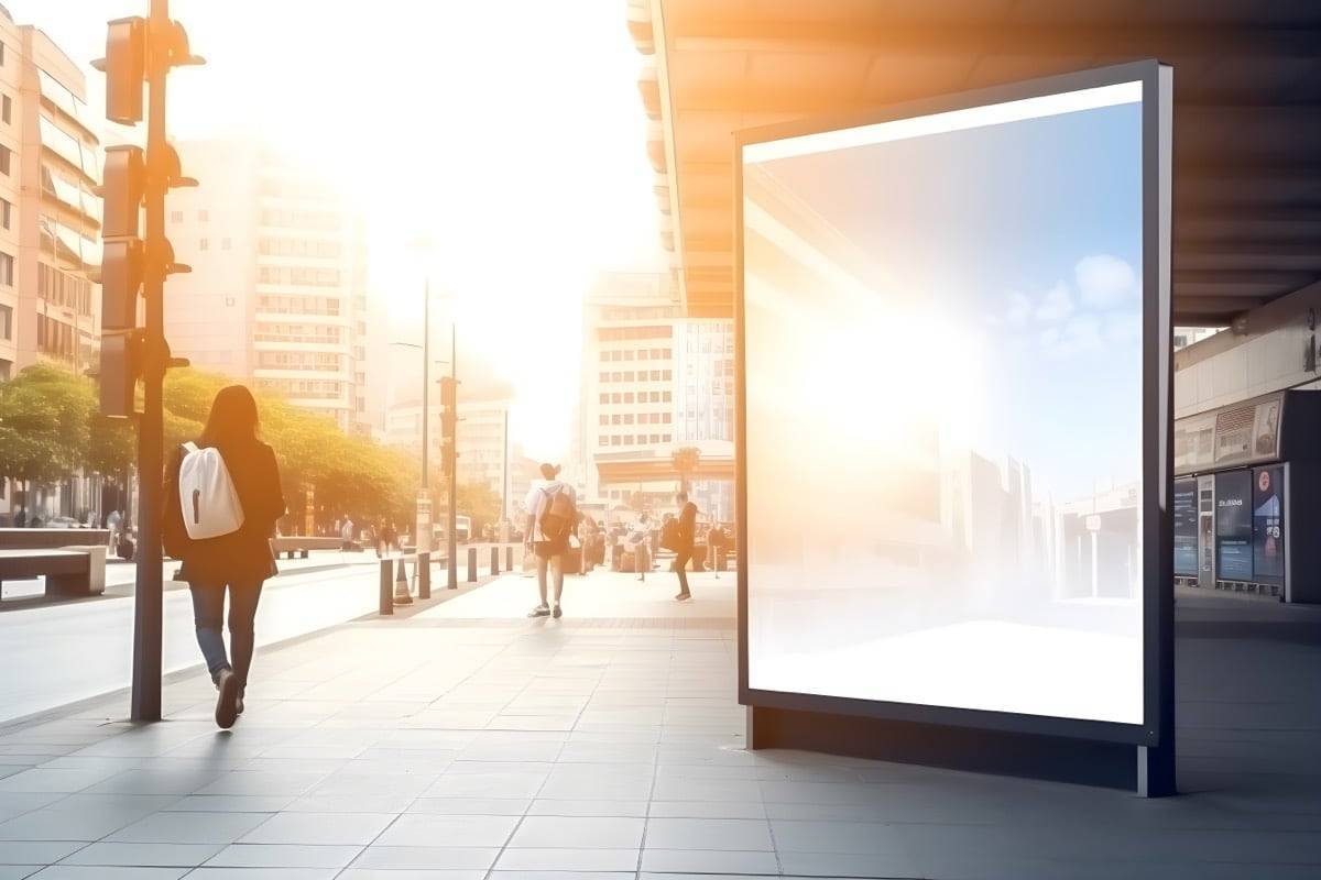 A girl passing by a digital signage beside the sidewalk.