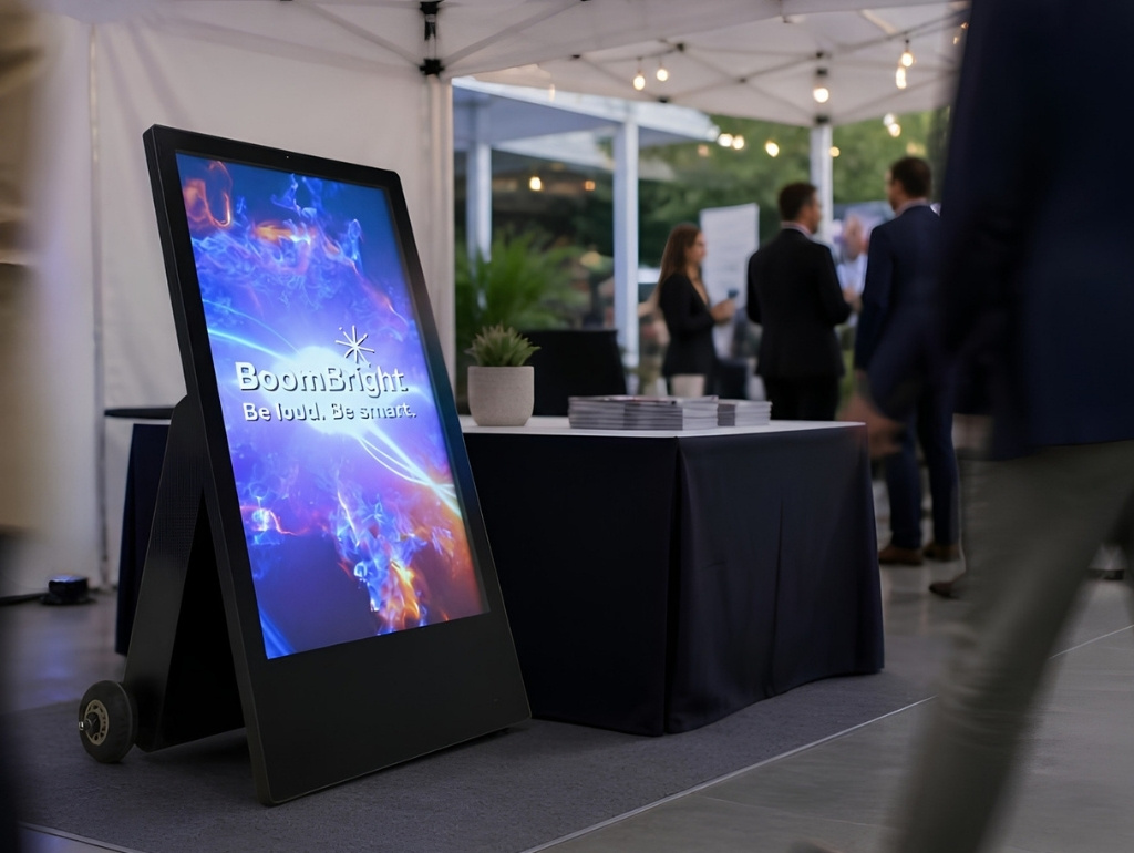 Portable PortaBright 43 digital display beside a mobile food vendor