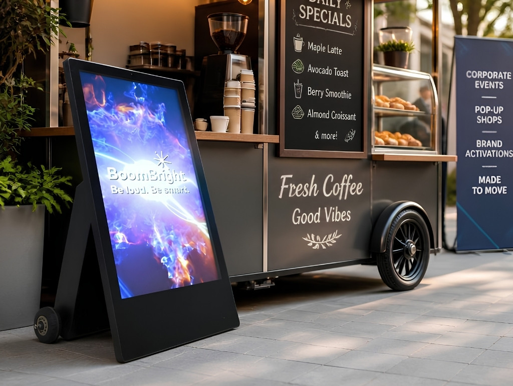 PortaBright 43-inch portable battery-powered digital display for indoor and outdoor signage.