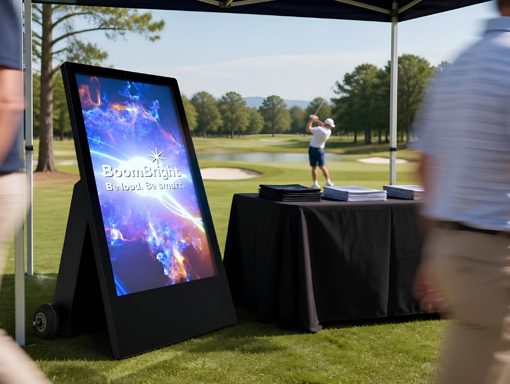 PortaBright 43″ Portable Digital Display PortaBright 43 display promoting a brand at a corporate event