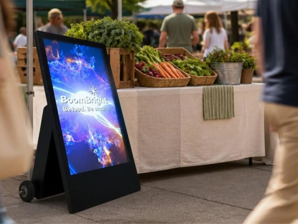 Portable PortaBright 43 digital display beside a mobile food vendor